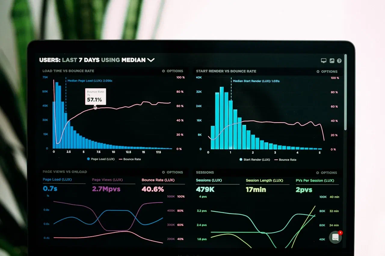 Laptop screen showing growth charts and analytics
